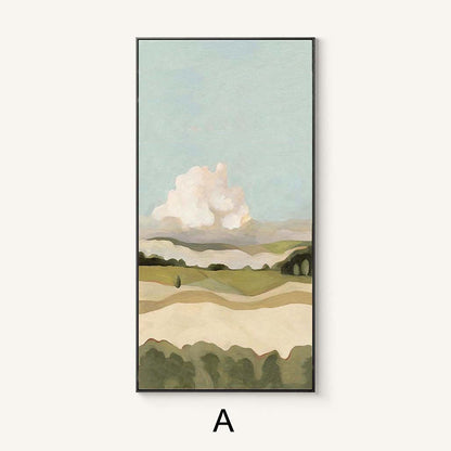 May include: Abstract landscape painting with a large white cloud in a blue sky over rolling green hills. The painting is framed in black.