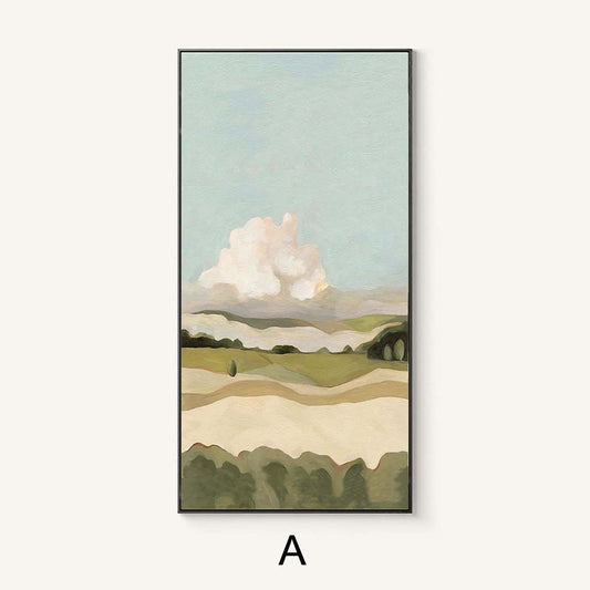 May include: Abstract landscape painting with a large white cloud in a blue sky over rolling green hills. The painting is framed in black.