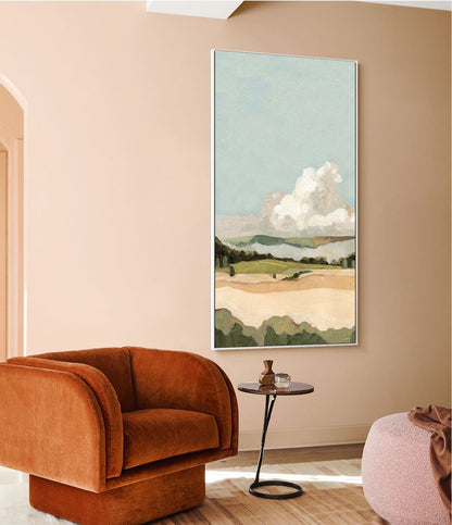 May include: A painting of a landscape with a large white cloud in the sky. The landscape is painted in shades of green, brown, and beige. The painting is framed in a white frame.
