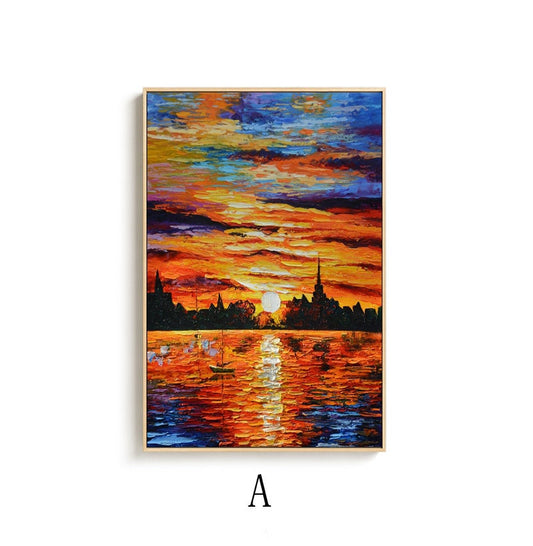 Abstract Seascape and Sunset Oil Painting on Canvas, Original Ocean and Sailboat Wall Art, Modern Coastal Landscape Painting for Living Room