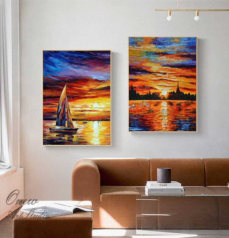 Abstract Seascape and Sunset Oil Painting on Canvas, Original Ocean and Sailboat Wall Art, Modern Coastal Landscape Painting for Living Room