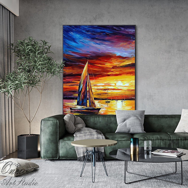 Abstract Seascape and Sunset Oil Painting on Canvas, Original Ocean and Sailboat Wall Art, Modern Coastal Landscape Painting for Living Room