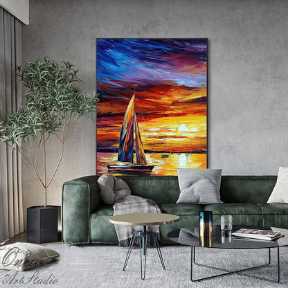 Abstract Seascape and Sunset Oil Painting on Canvas, Original Ocean and Sailboat Wall Art, Modern Coastal Landscape Painting for Living Room