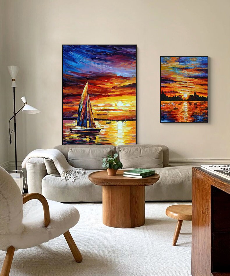 Abstract Seascape and Sunset Oil Painting on Canvas, Original Ocean and Sailboat Wall Art, Modern Coastal Landscape Painting for Living Room