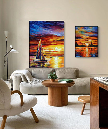 Abstract Seascape and Sunset Oil Painting on Canvas, Original Ocean and Sailboat Wall Art, Modern Coastal Landscape Painting for Living Room
