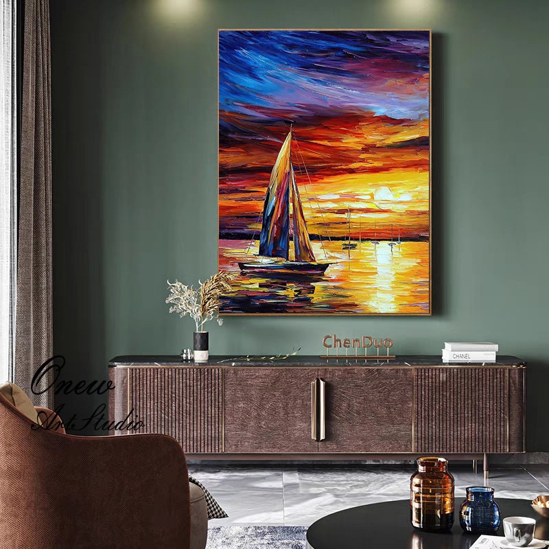 Abstract Seascape and Sunset Oil Painting on Canvas, Original Ocean and Sailboat Wall Art, Modern Coastal Landscape Painting for Living Room