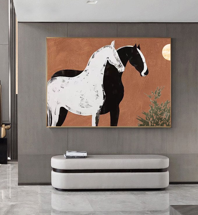 Abstract Black and White Horses Oil Painting on Canvas, Large Original Horse Canvas Wall Art, Modern Animal Painting for Living Room Bedroom