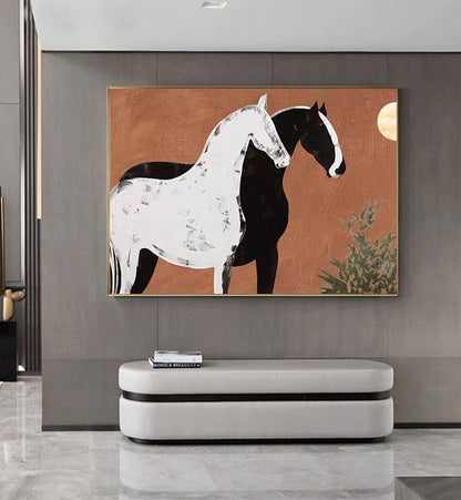 Abstract Black and White Horses Oil Painting on Canvas, Large Original Horse Canvas Wall Art, Modern Animal Painting for Living Room Bedroom