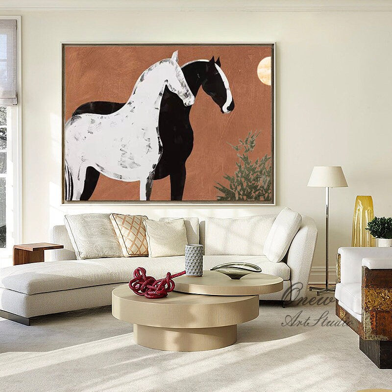 Abstract Black and White Horses Oil Painting on Canvas, Large Original Horse Canvas Wall Art, Modern Animal Painting for Living Room Bedroom