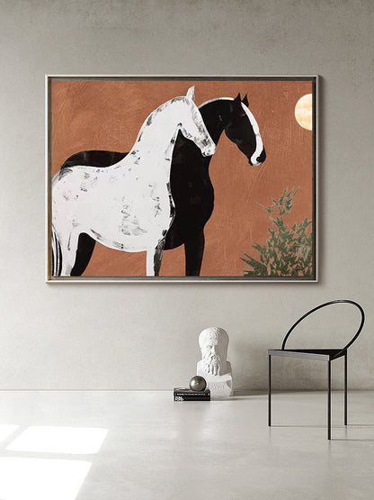 Abstract Black and White Horses Oil Painting on Canvas, Large Original Horse Canvas Wall Art, Modern Animal Painting for Living Room Bedroom