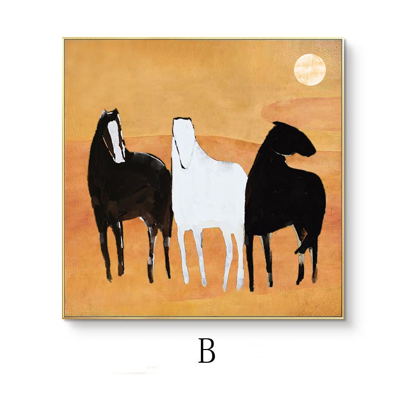 May include: Abstract painting of three horses in black, white, and gray standing on a yellow background with a white circle in the upper right corner.
