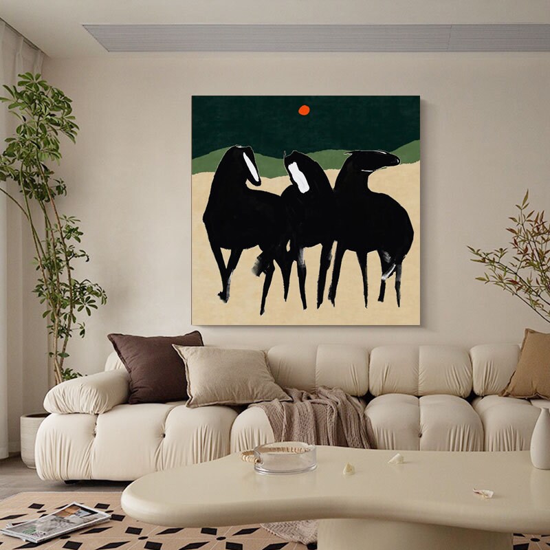 May include: A black and white abstract painting of three horses standing together against a dark green background with a small orange circle in the upper right corner.