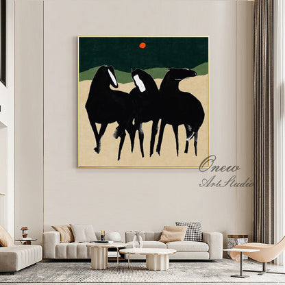 May include: Abstract painting of three black horses on a beige background with a green and black sky. A small red circle is in the sky.
