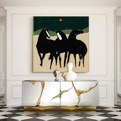 May include: Abstract painting of three black horses with white markings on a beige background. The horses are standing in a field with a green and black sky. There is a red circle in the sky.