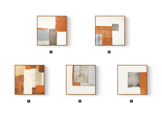 May include: Five abstract paintings with geometric shapes in shades of brown, orange, and white. The paintings are framed in a light brown wood frame.