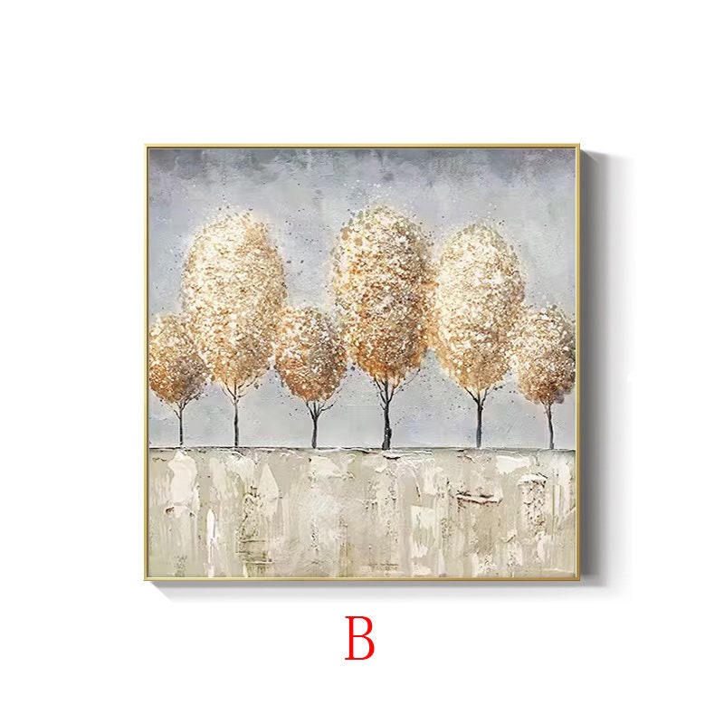 May include: A painting of a row of six trees with golden leaves against a light gray background. The trees are painted in a textured style, with visible brushstrokes. The painting is framed in a gold frame.