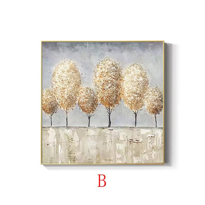 May include: A painting of a row of six trees with golden leaves against a light gray background. The trees are painted in a textured style, with visible brushstrokes. The painting is framed in a gold frame.