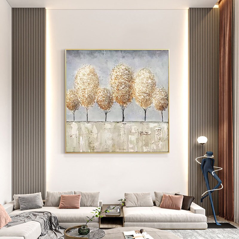 May include: A painting of a row of six trees with gold and white leaves against a light blue background. The trees are painted in a textured style, giving the impression of brushstrokes.