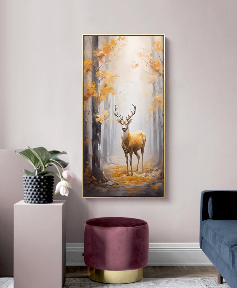 Large Original Forest and Deer Canvas Wall Art, Impressionist Landscape Oil Painting on Canvas,modern Tree and Stag Painting for Living Room