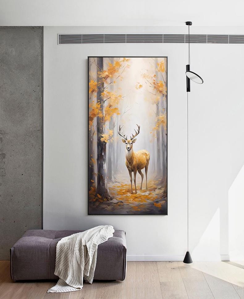 Large Original Forest and Deer Canvas Wall Art, Impressionist Landscape Oil Painting on Canvas,modern Tree and Stag Painting for Living Room