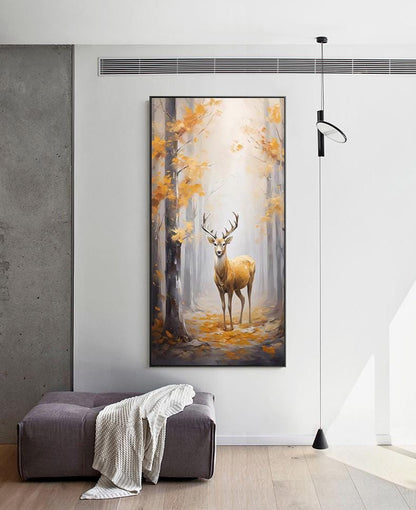 Large Original Forest and Deer Canvas Wall Art, Impressionist Landscape Oil Painting on Canvas,modern Tree and Stag Painting for Living Room