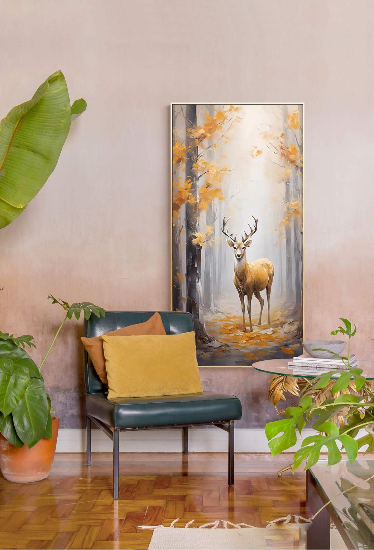 Large Original Forest and Deer Canvas Wall Art, Impressionist Landscape Oil Painting on Canvas,modern Tree and Stag Painting for Living Room