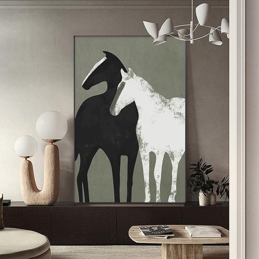May include: Abstract art print featuring two horses, one black and one white, standing side by side against a muted green background.