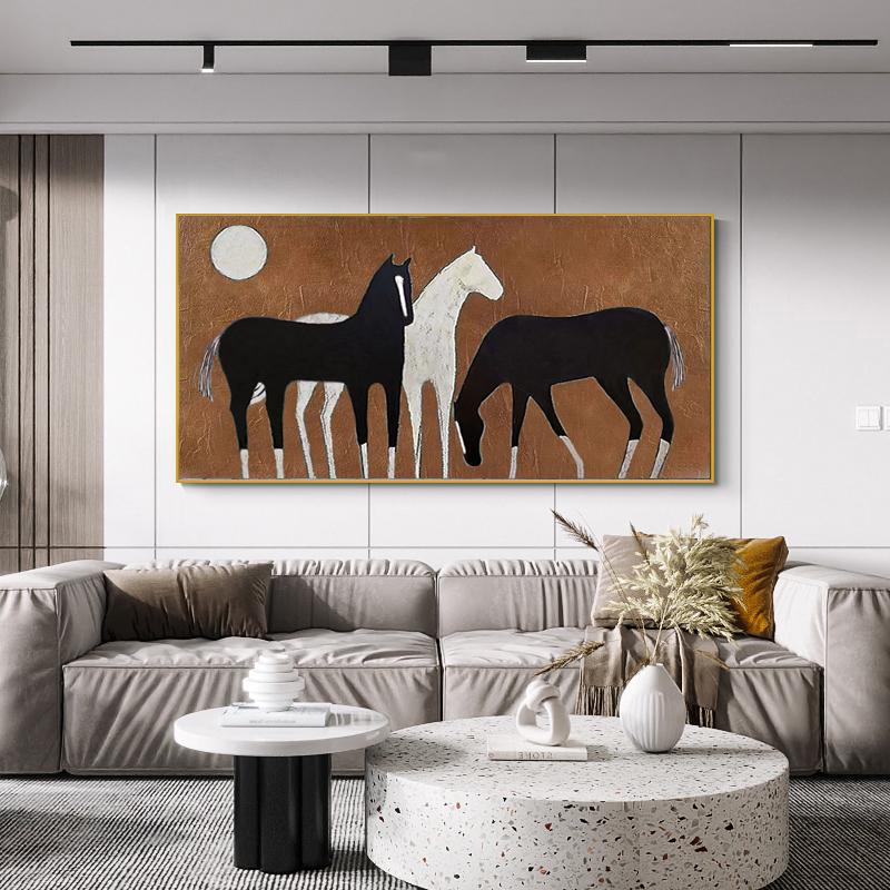 Abstract Black and White Horses Oil Painting on Canvas, Large Original Horse Canvas Wall Art, Modern Animal Painting for Living Room Bedroom