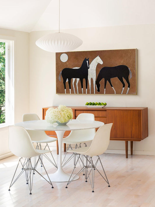 Abstract Black and White Horses Oil Painting on Canvas, Large Original Horse Canvas Wall Art, Modern Animal Painting for Living Room Bedroom