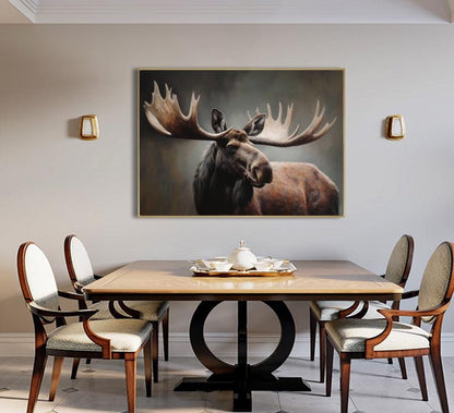 Classical Bull Moose Oil Painting on Canvas, Hand-painted Antlers Wildlife Canvas Art, Modern Animal Wall Art for Living Room, Home Décor