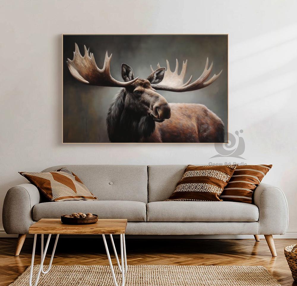 Classical Bull Moose Oil Painting on Canvas, Hand-painted Antlers Wildlife Canvas Art, Modern Animal Wall Art for Living Room, Home Décor