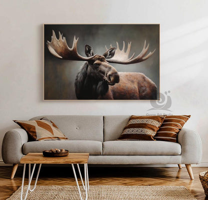 Classical Bull Moose Oil Painting on Canvas, Hand-painted Antlers Wildlife Canvas Art, Modern Animal Wall Art for Living Room, Home Décor