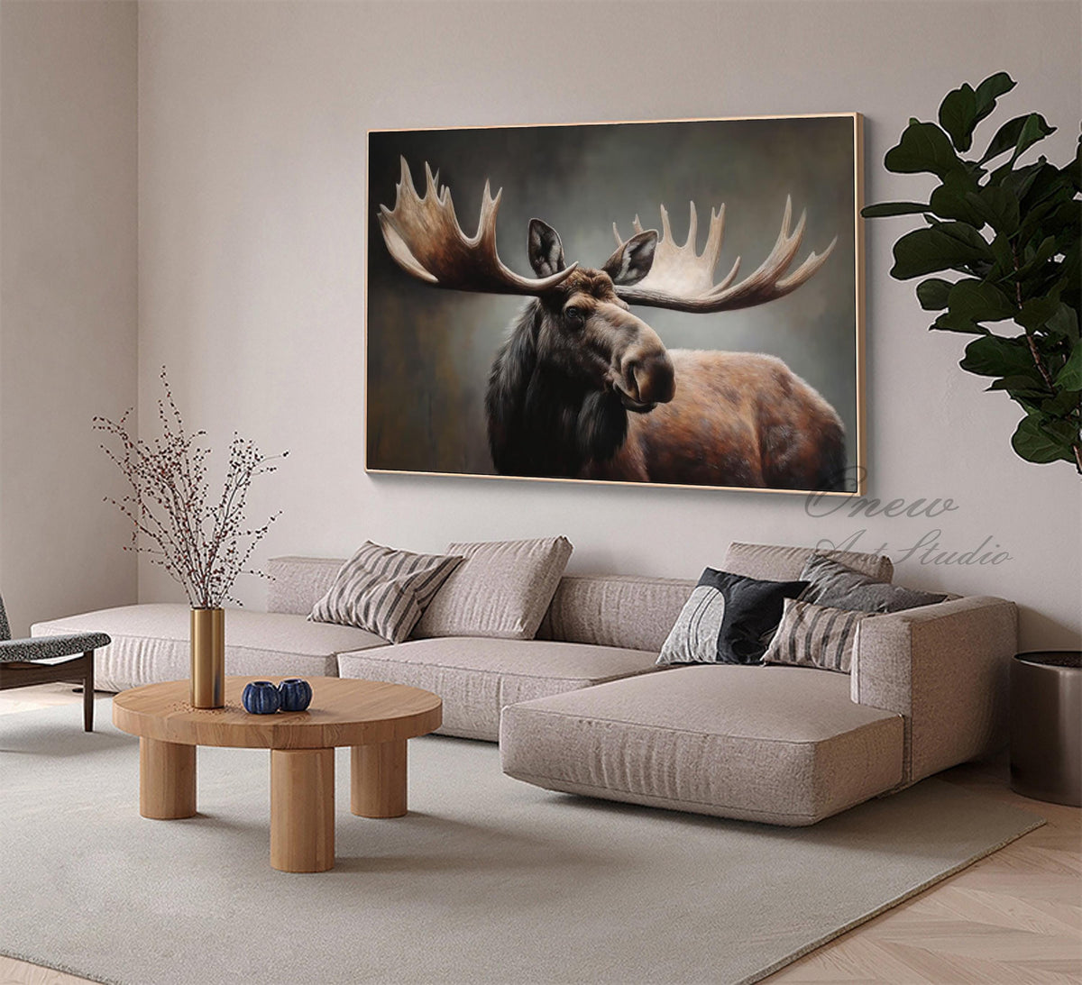Classical Bull Moose Oil Painting on Canvas, Hand-painted Antlers Wildlife Canvas Art, Modern Animal Wall Art for Living Room, Home Décor