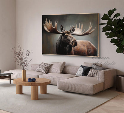 Classical Bull Moose Oil Painting on Canvas, Hand-painted Antlers Wildlife Canvas Art, Modern Animal Wall Art for Living Room, Home Décor
