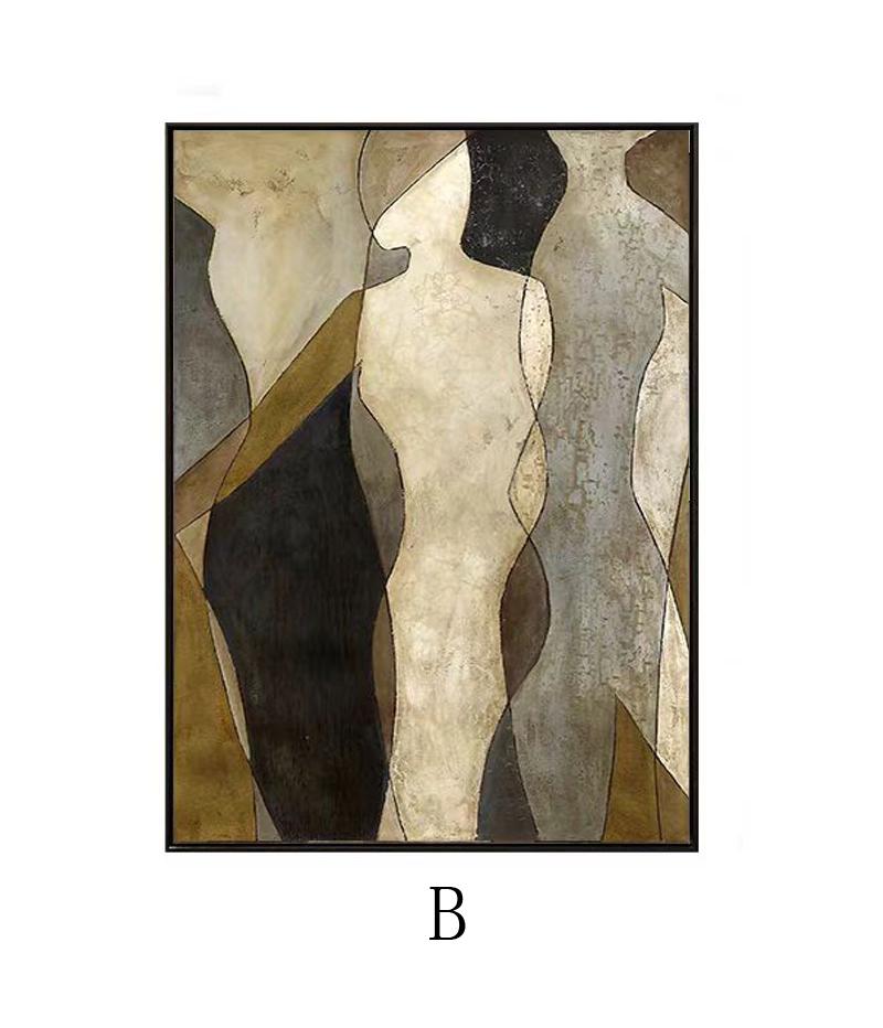 May include: Abstract painting of three figures in shades of brown, beige, and gray. The figures are outlined in black and are arranged in a layered composition.