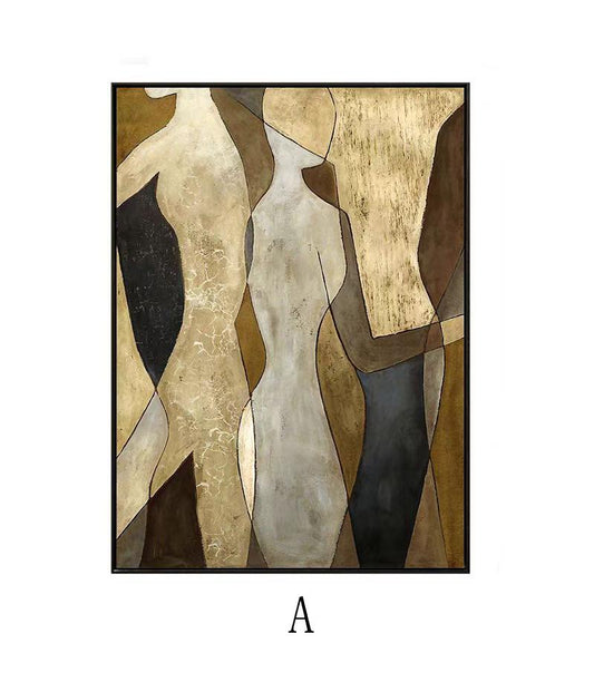 May include: Abstract painting of two figures in shades of brown, beige, and gray. The figures are outlined in black and have a geometric shape.
