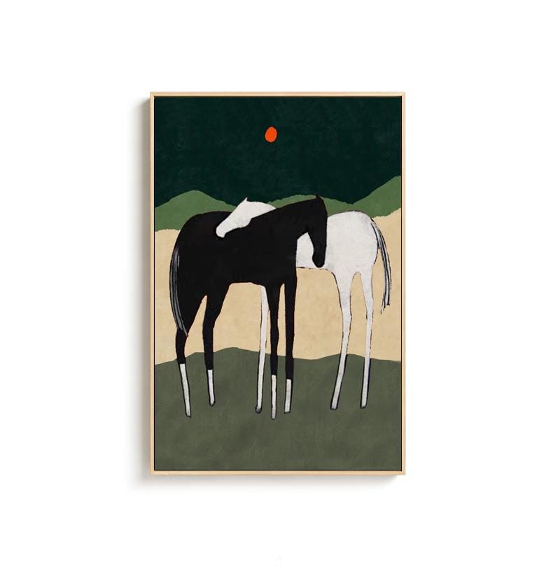 May include: A painting of two horses standing side-by-side in a field. The horse on the left is black, and the horse on the right is white. The background is a dark green with a small orange circle in the upper left corner.