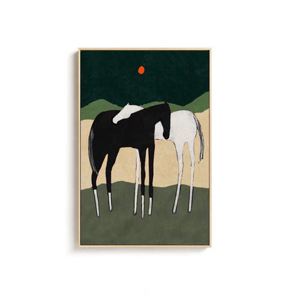 May include: A painting of two horses standing side-by-side in a field. The horse on the left is black, and the horse on the right is white. The background is a dark green with a small orange circle in the upper left corner.
