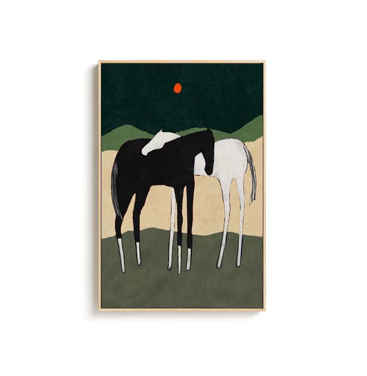 May include: A painting of two horses standing side-by-side in a field. The horse on the left is black, and the horse on the right is white. The background is a dark green with a small orange circle in the upper left corner.