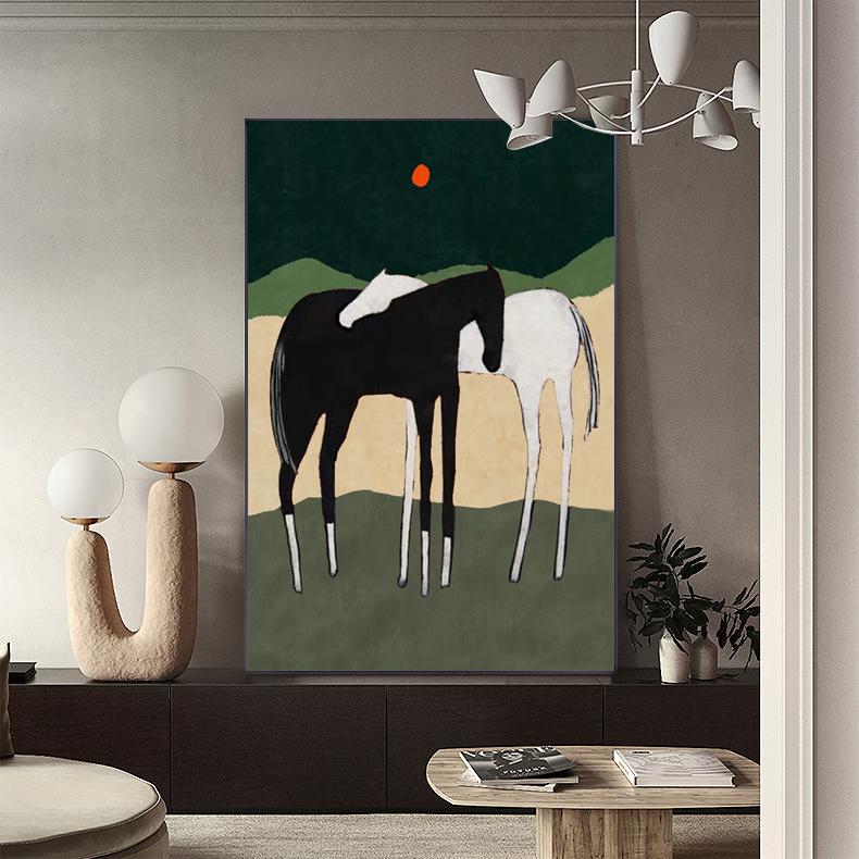 May include: A black and white abstract painting of two horses standing side by side. The background is a dark green with a small red circle in the upper left corner.