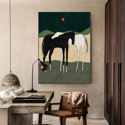May include: Abstract painting of two horses, one black and one white, standing side by side in a green field. The painting has a dark green background with a red circle in the upper center.