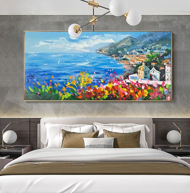 Impressionist Mediterranean-sea Oil Painting on Canvas, Large Original Coastal Cityscape Painting, Modern Seascape Wall Art for Living Room