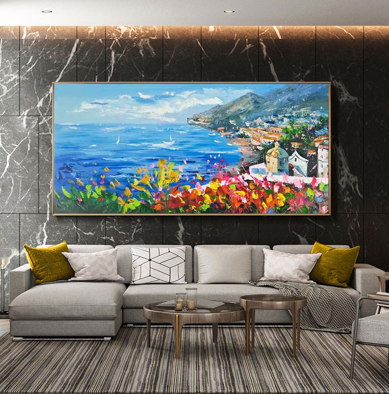 Impressionist Mediterranean-sea Oil Painting on Canvas, Large Original Coastal Cityscape Painting, Modern Seascape Wall Art for Living Room