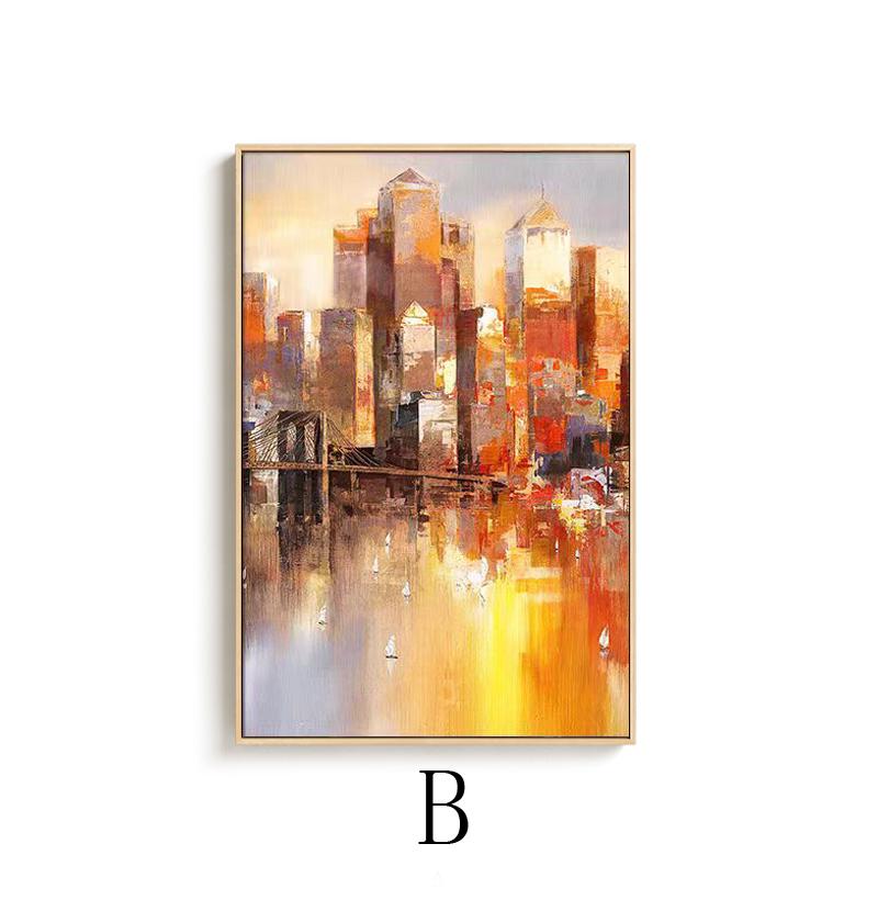 May include: Abstract painting of a city skyline with a bridge in the foreground. The buildings are painted in shades of orange, yellow, and red, with a reflection of the city in the water below.
