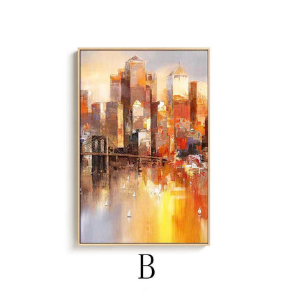 May include: Abstract painting of a city skyline with a bridge in the foreground. The buildings are painted in shades of orange, yellow, and red, with a reflection of the city in the water below.