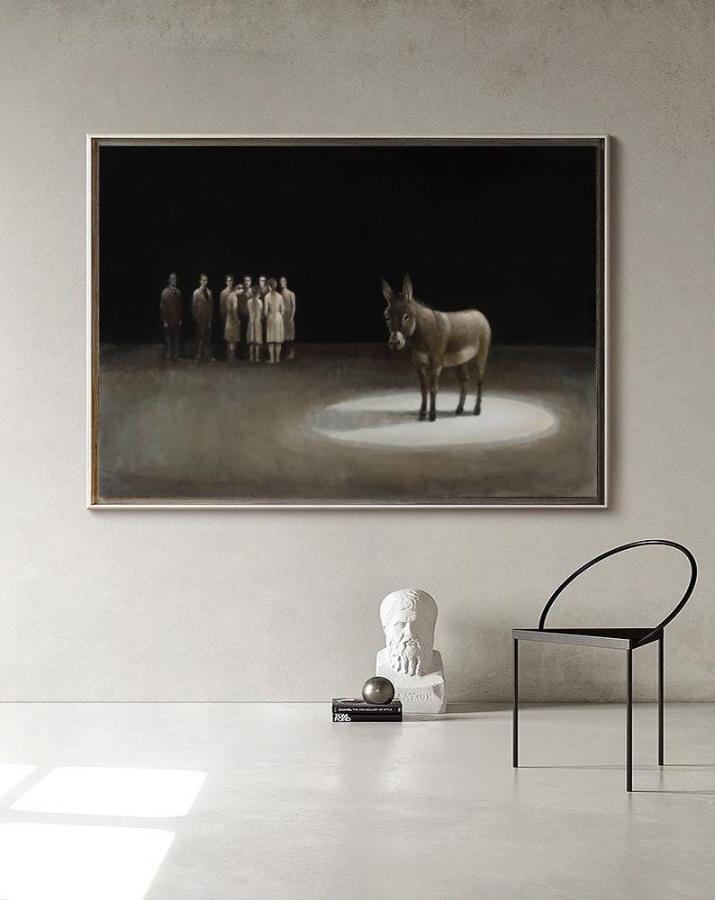 Classical Donkey Oil Painting on Canvas, Large Original Donkey Canvas Wall Art, Modern Hand-painted Animal Painting for Living Room