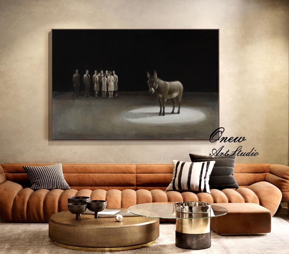 Classical Donkey Oil Painting on Canvas, Large Original Donkey Canvas Wall Art, Modern Hand-painted Animal Painting for Living Room