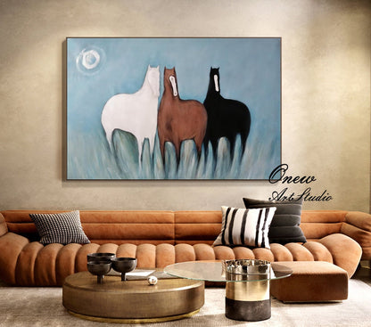 Large Abstract Horses Oil Painting on Canvas, Original Hand-painted Horse Canvas Wall Art, Modern Animal Painting for Living Room,home Décor