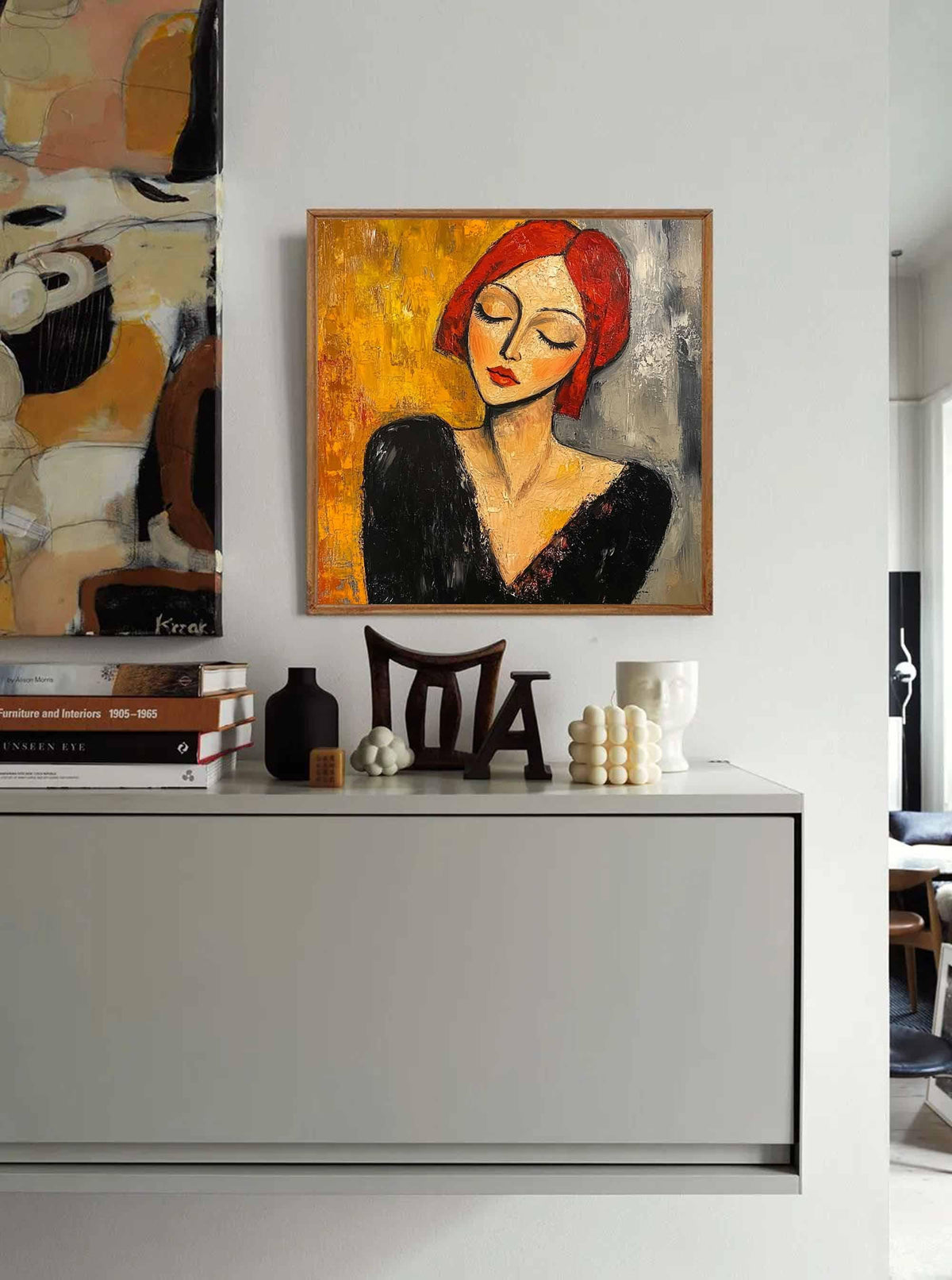 Red Hair Woman Portrait Wall Art Modigliani Style Abstract Canvas for Living Room
