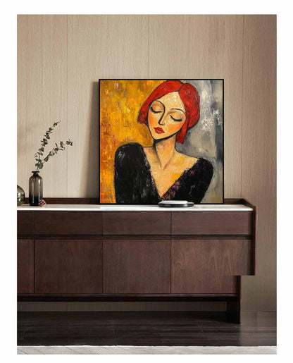 Red Hair Woman Portrait Wall Art Modigliani Style Abstract Canvas for Living Room